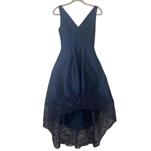 Monique Ihuiller high low gown dress navy blue elegant V neck lace detail US2 - Picture 7 of 15